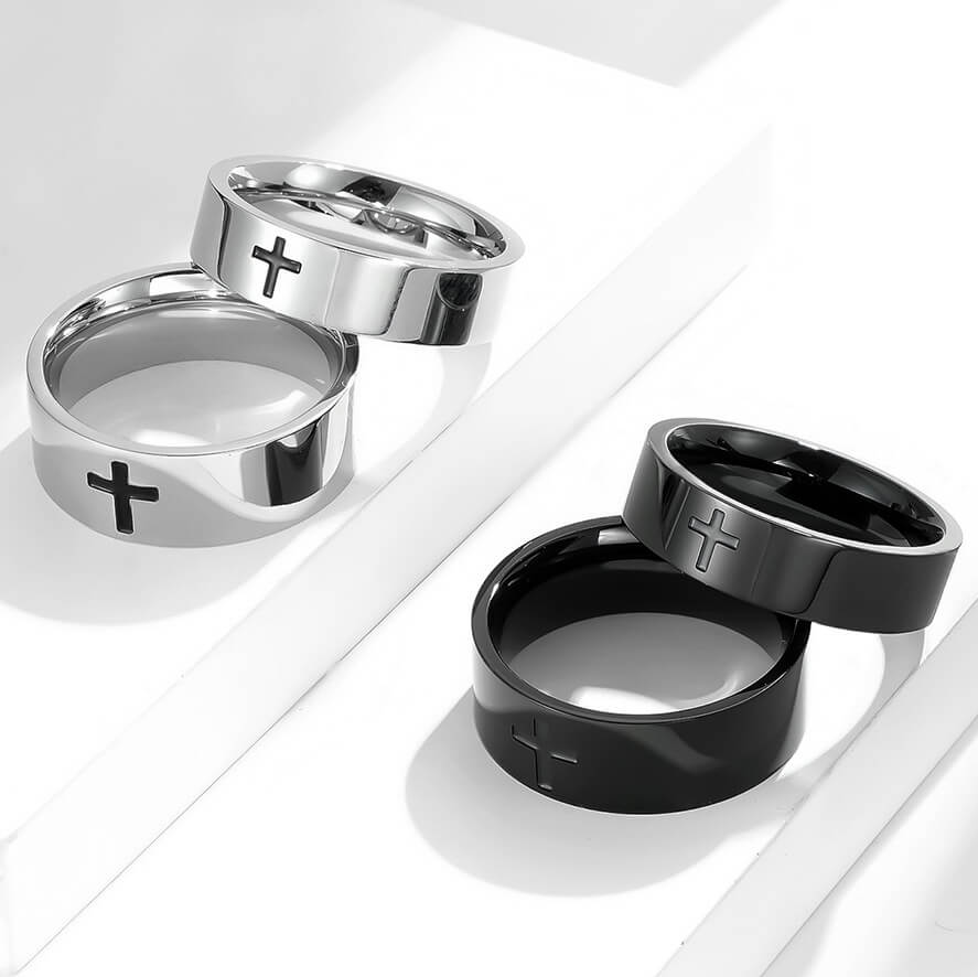 Black Engrave Cross Couple Rings - Image 3